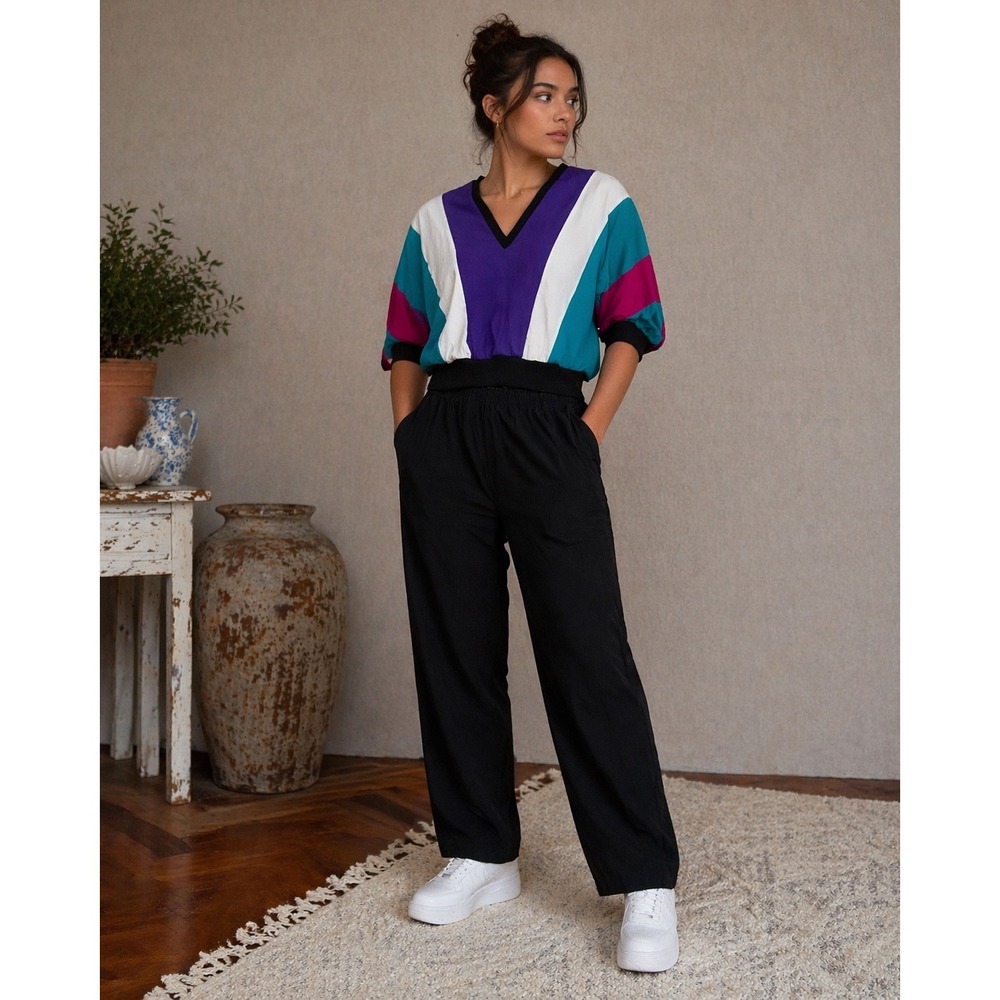 Vintage Colorblock 2 Piece Pant Set Womens Medium windbreaker track suit 80s 90s